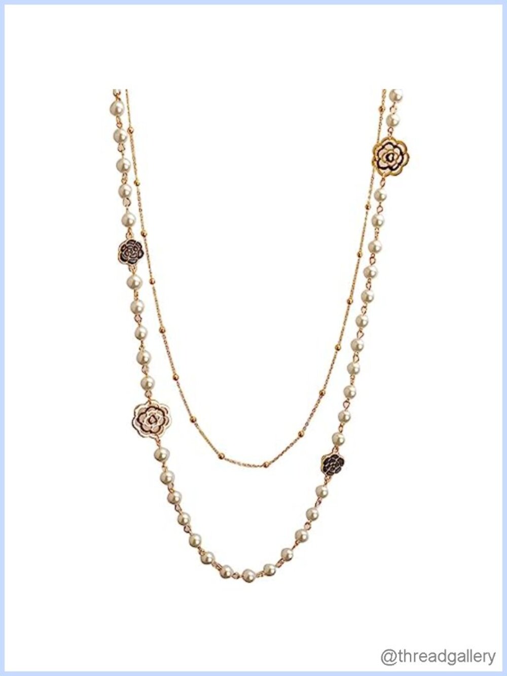 Faux Pearl Double Strand Necklace Camellia Pendant Sweater Jewelry